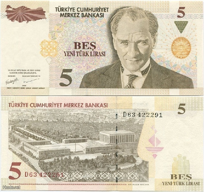 Turkki Turkey 5 New Lira 2005 (P-217) UNC harvinainen