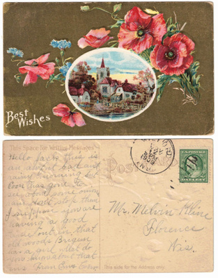 Vanha kohokortti, punaiset unikot ja maalaismiljöö, v. 1909