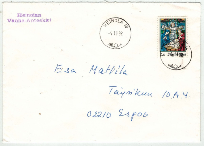 1992 joulu 2,10 mk kaunis kirje