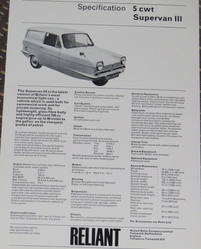 1973 Reliant Supervan III esite - 3-pyöräinen - KUIN UUSI)