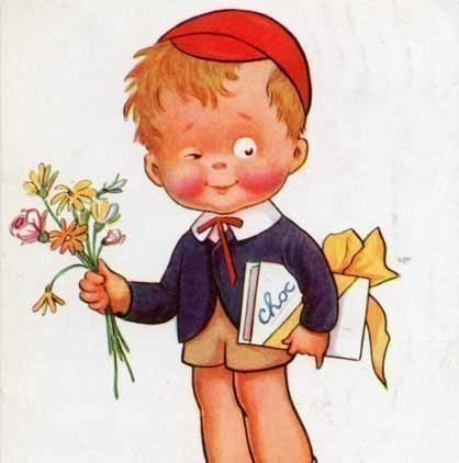 HUUMORI / Silmää vinkkaava poika, suklaata ja kukat. 1920-l.