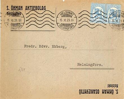 1921 10p sininen pari S.ÖHMAN AKTIEBOLAG paikallispainotuote