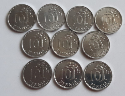 10 penni, vuodet 1983 - 1990, yhteensä 10 kpl, UNC