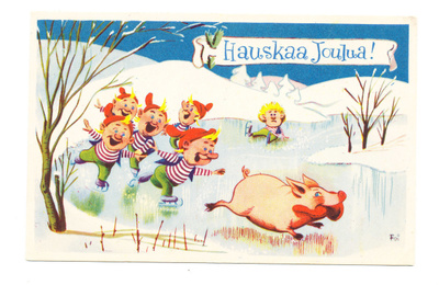 U LAUKKANEN -Tontut ja possu jäällä - vanha kortti