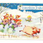 U LAUKKANEN -Tontut ja possu jäällä - vanha kortti - pikkukuva 1
