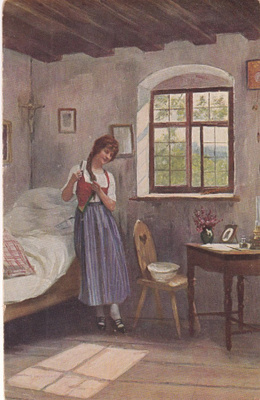 E. Schneider "Im stillen Kämmerlein" Nainen huoneessa, b514