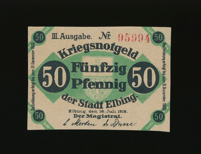 Saksa Notgeld 50 Pfennig, Elbing 16.7.1918