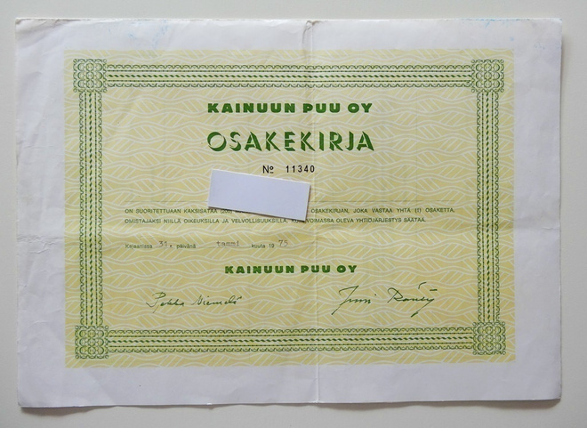 Kainuun Puu Oy:n osakekirja 1975
