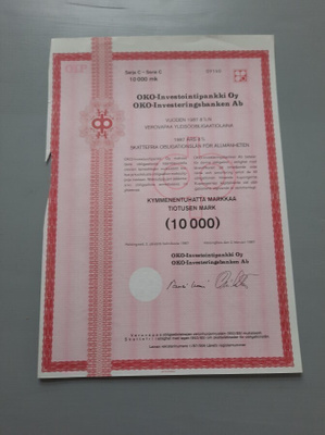 obligaatio OKO-Investointipankki C 1987 10.000/8%