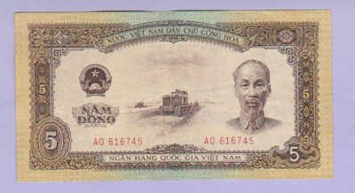 Pohjois-Vietnam 5 Dong v.1958 UNC P-73 (harvinainen)