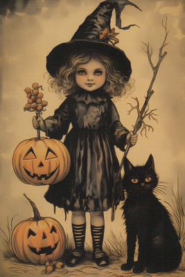 Halloween noitatyttö ja musta kissa