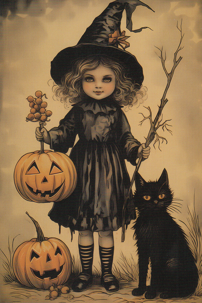 Halloween noitatyttö ja musta kissa