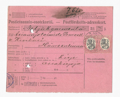 # 23908 # Pe.osoitus Asiakirjoja Oulu > Hämeenlinna - 1921