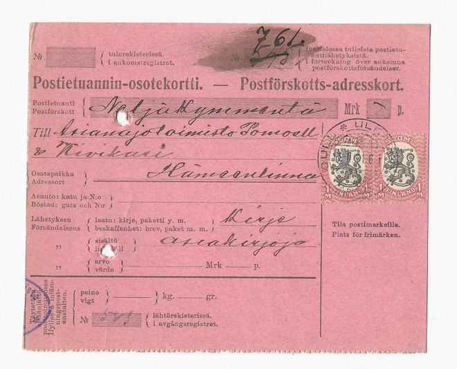 # 23908 # Pe.osoitus Asiakirjoja Oulu > Hämeenlinna - 1921