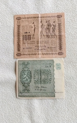 Suomi vanhat 100 markan setelit 1922 ja 1945 vuosilta
