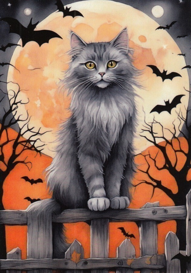 Halloween harmaa kissa istuu aidalla