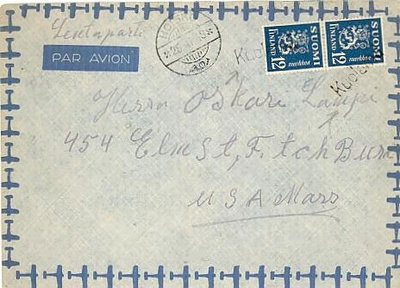 M30 1947 12mk pari lentokirje USAhan - Kuolema (HOISKO)