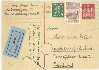 1949 Raahe ym saksalaisella lento-vastauskortilla