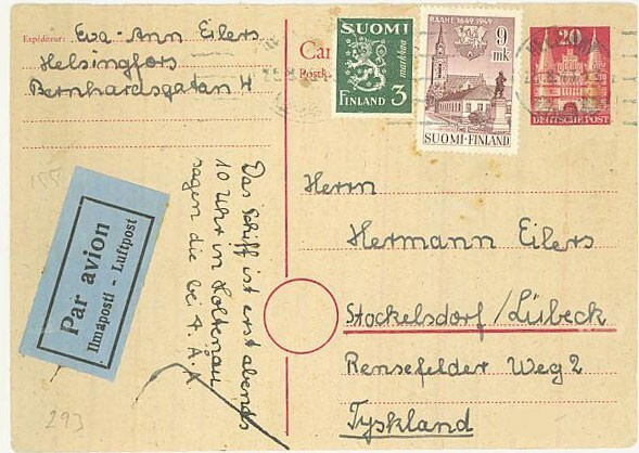 1949 Raahe ym saksalaisella lento-vastauskortilla