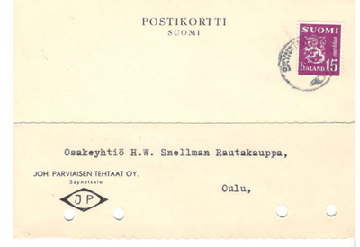 Säynätsalo,  v. 1952  firmakortti kotiseutukeräilijälle