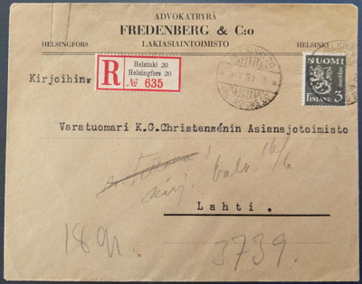 Kirjattu kirje mallin 1930 merkillä - Helsinki/Lahti 1930