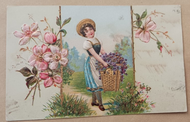 Leidi kantaa lemmikkikoria, sivuilla ruusuja, p. 1908