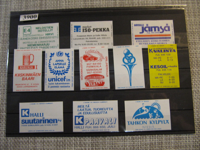 Tulitikkuetikettejä 11 kpl. Mm. Hotelli Jämsä.