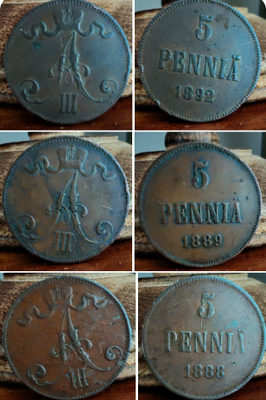 5 PENNIÄ v.1888,1889(meistivika) ja1892 (pieni lyöntimäärä)