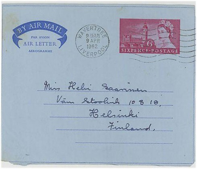 Englanti 1962 6 pencen ilmakirje Suomeen