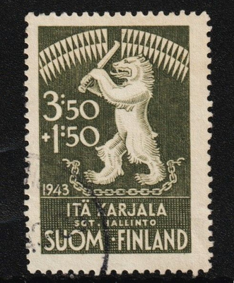 1943 Itä-Karjala 3,50+1,50 Hyväntekeväisyysmerkki leimattuna