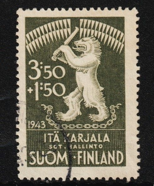 1943 Itä-Karjala 3,50+1,50 Hyväntekeväisyysmerkki leimattuna