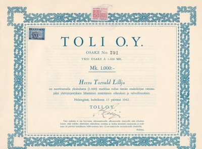 OKK 1942 Toli Oy, Helsinki osakekirja Torvald Lillja