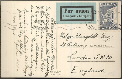 1935 Kalevala 2.5mk lentokortti Englantiin
