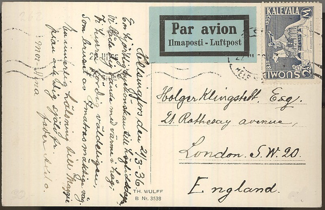 1935 Kalevala 2.5mk lentokortti Englantiin