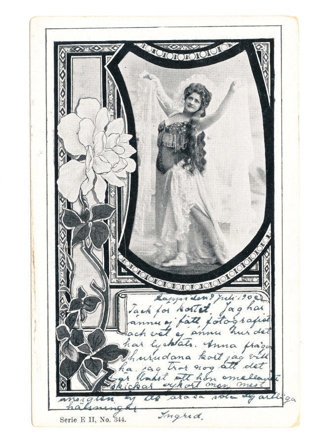 Nainen kehyksessä - vanha Carte Postale, kulk. 1902