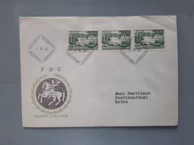 FDC Suomi M-63 II 0,05mk 3-rivilö, kulkenut
