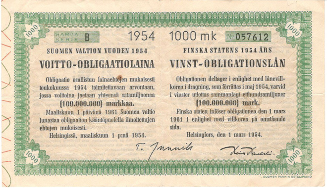 OKK Voitto-obligaatiolaina 1954 II 1.3.1945 1 000 mk