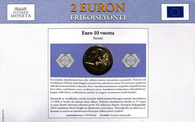 SUOMI 2 Euroa 2012 euro 10 vuotta Monetan kotelossa UNC