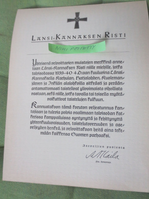 Länsikannas Ristin Myöntökirja Talvisodasta