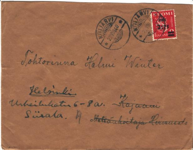 POSTILÄHETYS KIVIJÄRVI-KAJAANI-HELSINKI