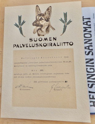 VANHA Todistus Suomen Palveluskoiraliitto Koira KOMEA