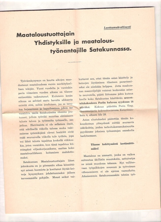 Maataloustuottajat, Luottamuksellisesti, 1937.
