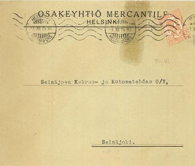 Firmakuori OSAKEYHTIÖ MERCANTILE Hki kirje 1925 (ei vesileim