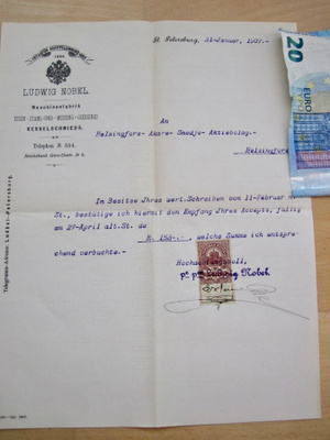 Lasku? tms Venäjä Ludwig Nobel 1907 Suomeen KIVA Leimamerkki