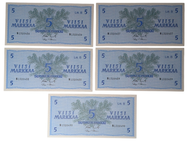 5 Markkaa 1963 Litt. B, peräkkäiset numerot