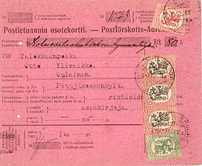 1920 postiennakkoasiakirjoja M17 1mk ym, Oulu