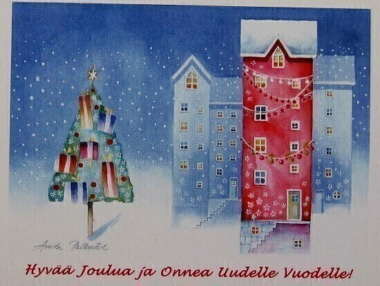 Kerrostalot ja joulukuusi Joulukortti