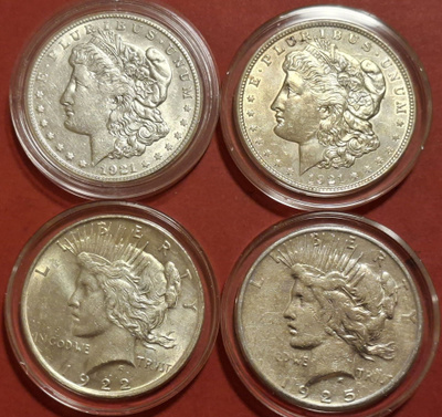 4 x USA 1 Dollar: 2 x Morgan 1921 + Peace 1922, 1925