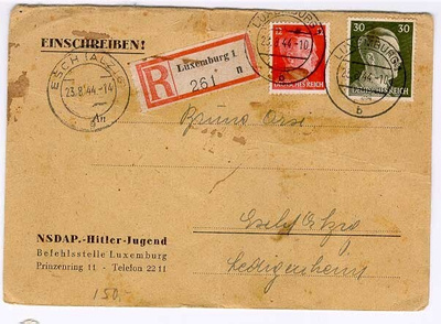Saksa Mi 794 ym R-kirje Luxemburgista 1944 - NSDAP-Jugend