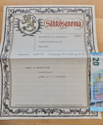 VANHA Sähkösanoma Pääministeri A.K. Cajander 1939